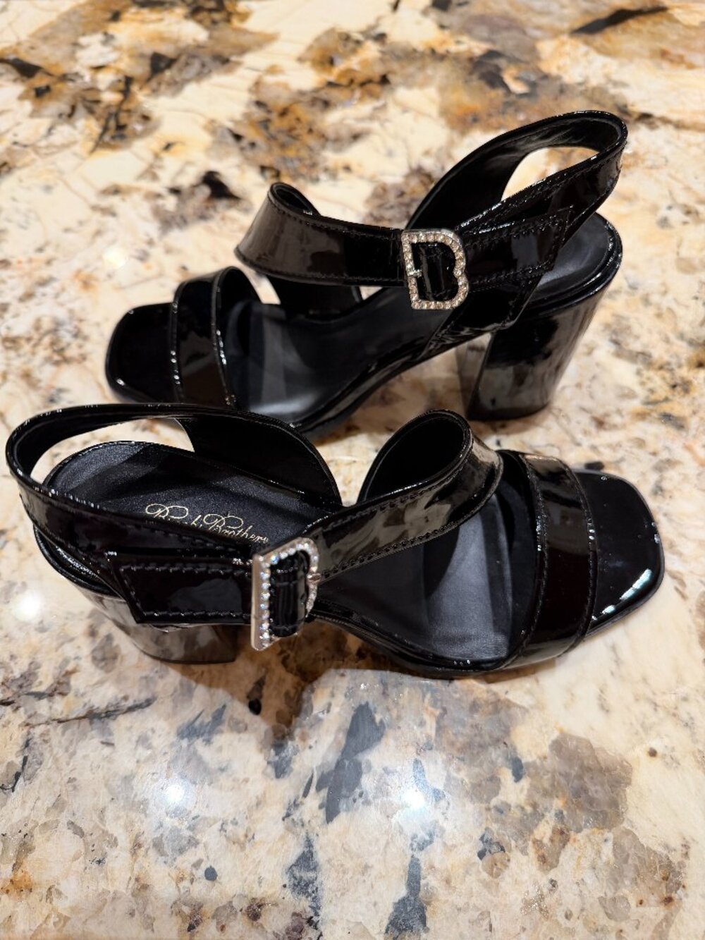 Brooks Brothers Patent Block Heel Slingback Sandal Sz 8 Black Square Toe